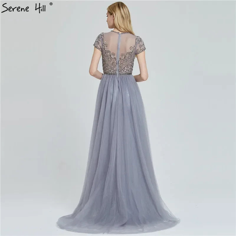 Women Custom Mermaid Evening Dress Beaded Short Sleeve Formal Gown