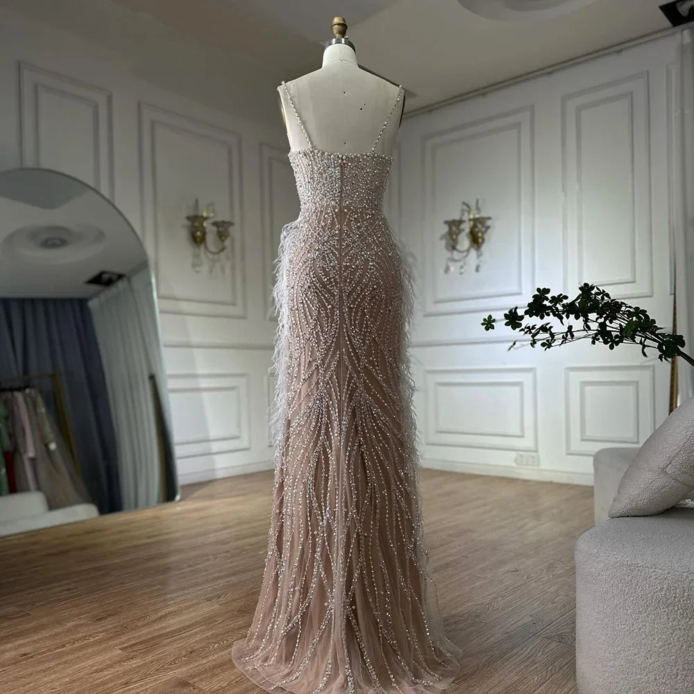 Serene Hill White Beaded Feathered Mermaid Evening Dress Custom Women