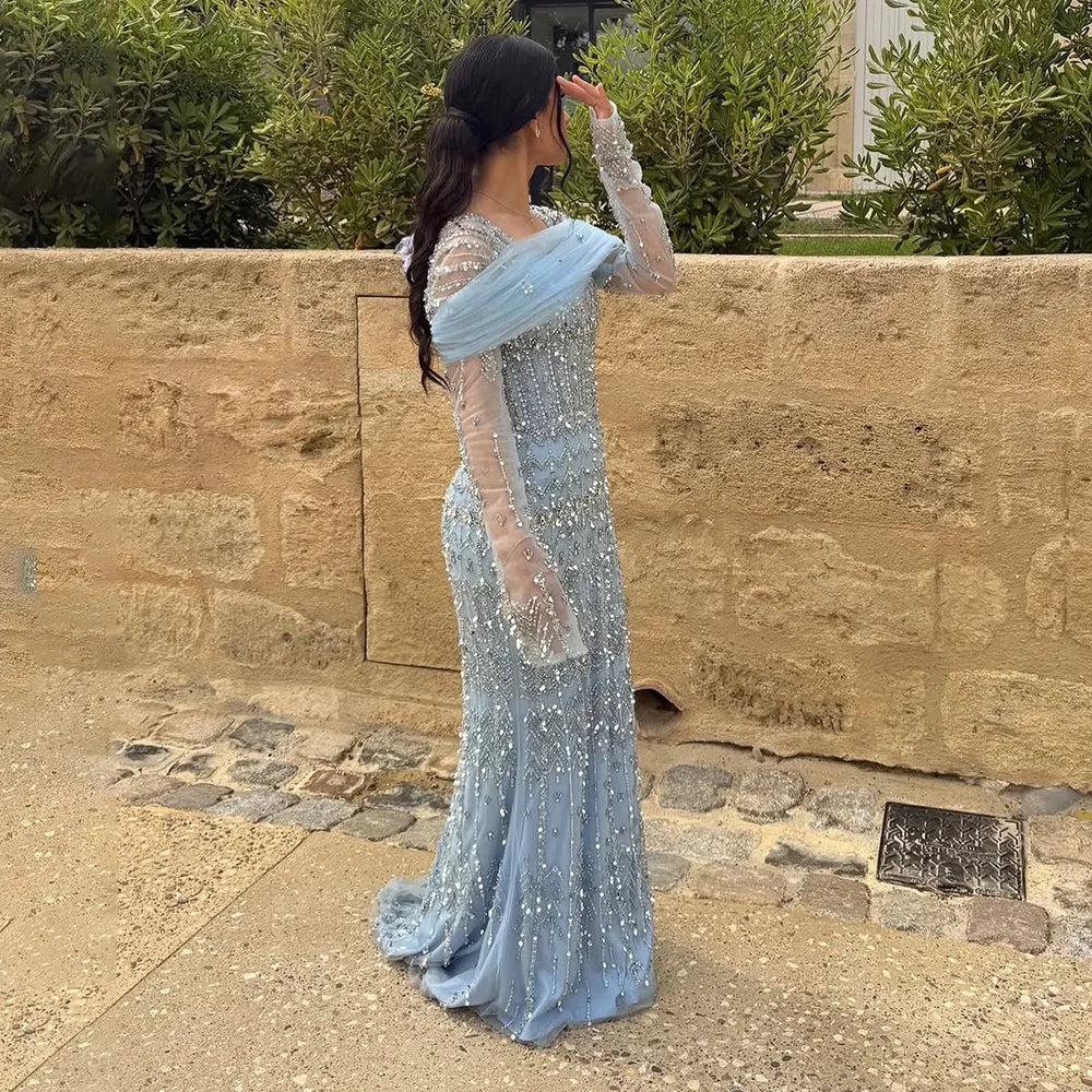 Women Blue Mermaid Beaded Evening Dress Detachable Sleeves Custom Fit