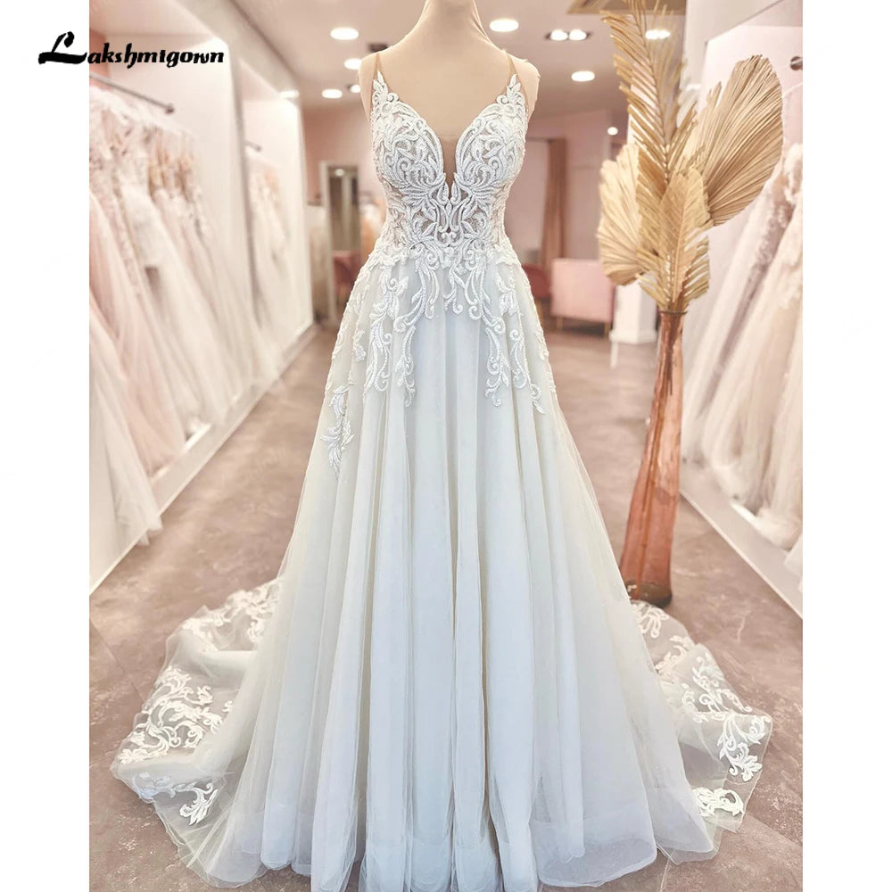 Plunging V Neck Lace A-Line Wedding Dress Custom Made Bridal Gown