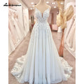 Plunging V Neck Lace A-Line Wedding Dress Custom Made Bridal Gown