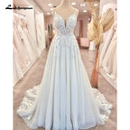 Plunging V Neck Lace A-Line Wedding Dress Custom Made Bridal Gown