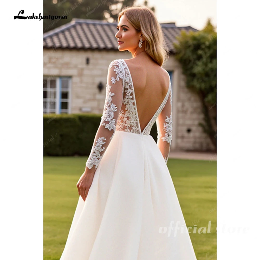 Custom Ivory Lace Appliqued A Line Wedding Dress With Train