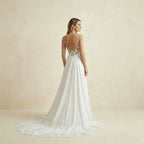 Womens Spaghetti Straps Deep V Backless Wedding Dresses Lace Appliques Chiffon Bridal Gown
