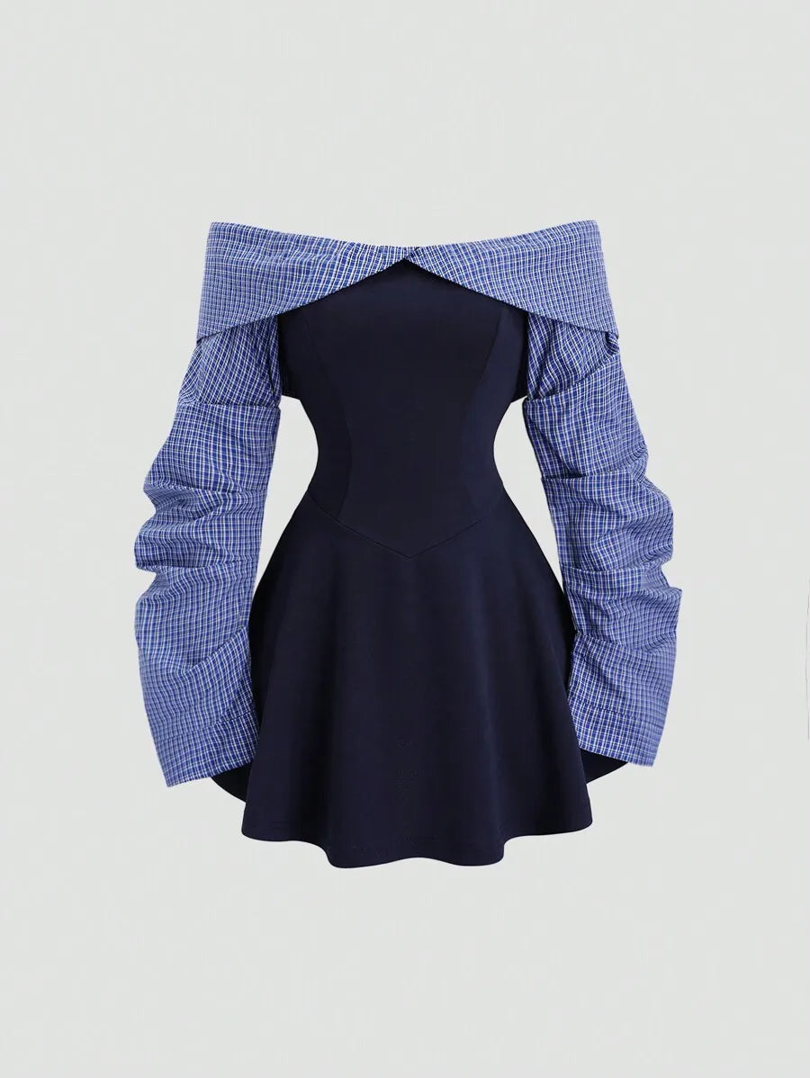 Damen Herbst/Winter Hochschulstil Schlichte Bardot-Kleid mit geraffter Taille und kontrastfarbener Mini-Länge, Figurbetont