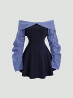 Damen Herbst/Winter Hochschulstil Schlichte Bardot-Kleid mit geraffter Taille und kontrastfarbener Mini-Länge, Figurbetont