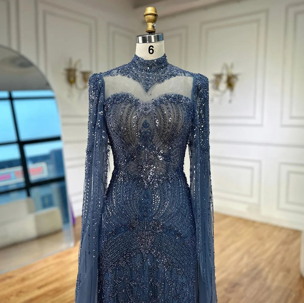 Luxury  Modest Blue Mermaid Evening Dress with Cape LA73006