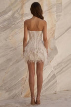 Short Strapless Feathered Wedding Dress Sparkly Mini Bridal Gown