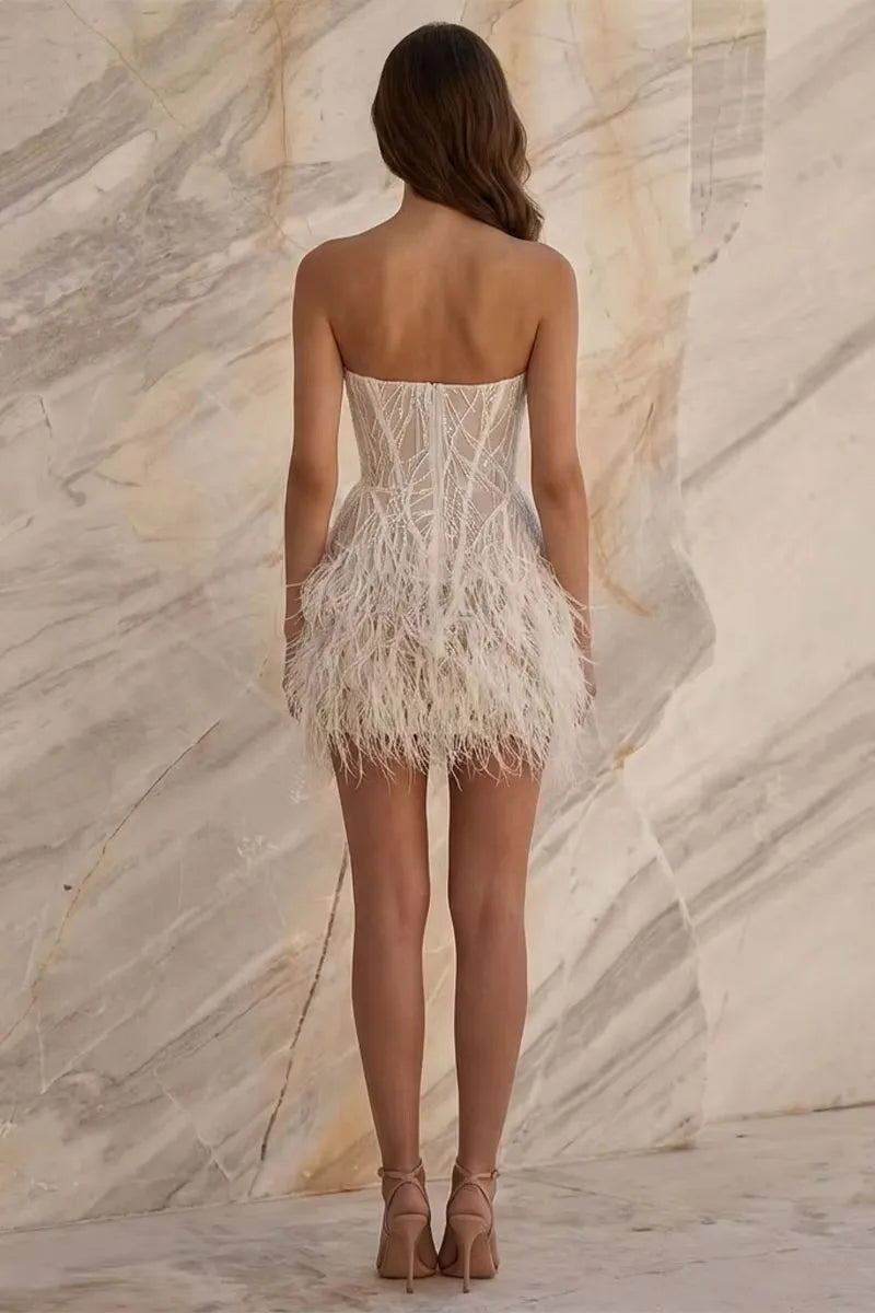Short Strapless Feathered Wedding Dress Sparkly Mini Bridal Gown