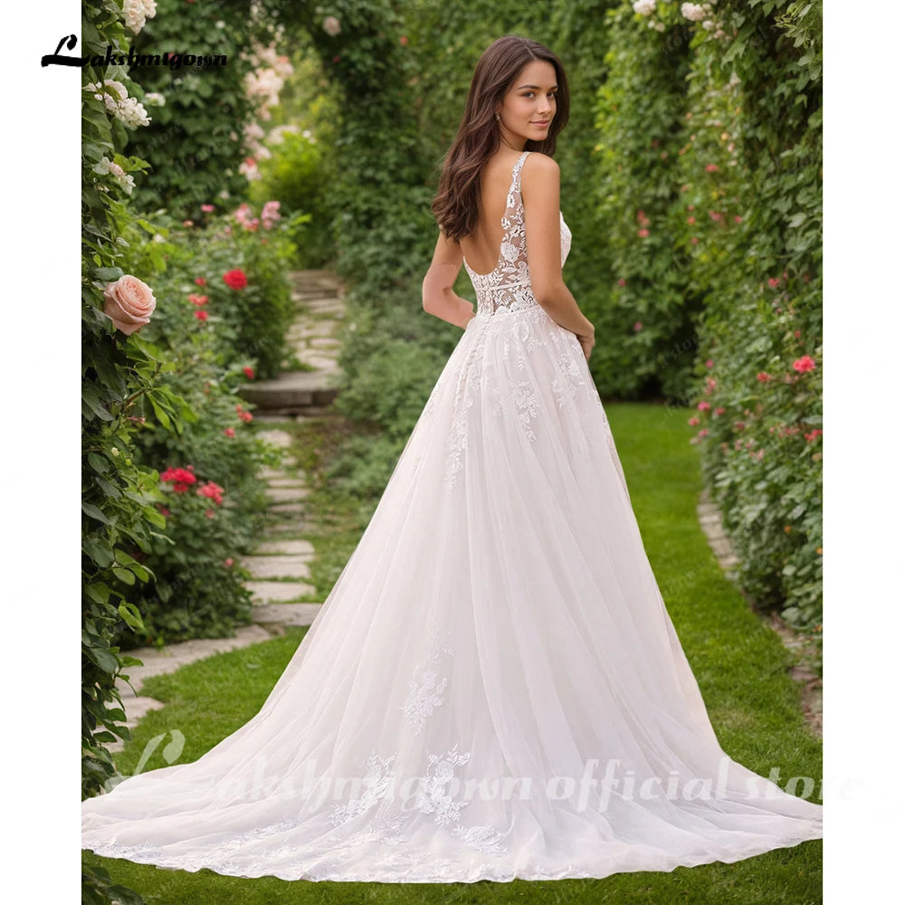 Custom A Line Plunging V Neck Wedding Dress With Tulle Skirt