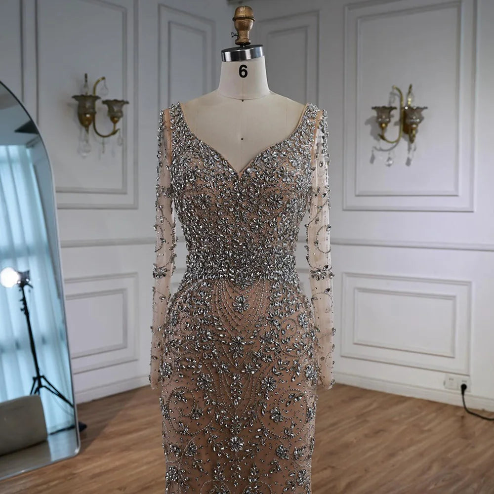 Serene Hill Turquoise Beaded Mermaid Long Sleeve Evening Gown