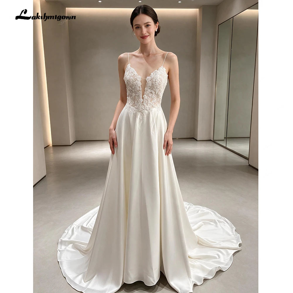 Custom Boho Lace Beach Wedding Dress For Women With Beaded Spaghetti Straps