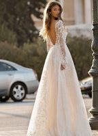 Custom Boho Wedding Dress With Deep V Neck And 3D Floral Lace Appliques