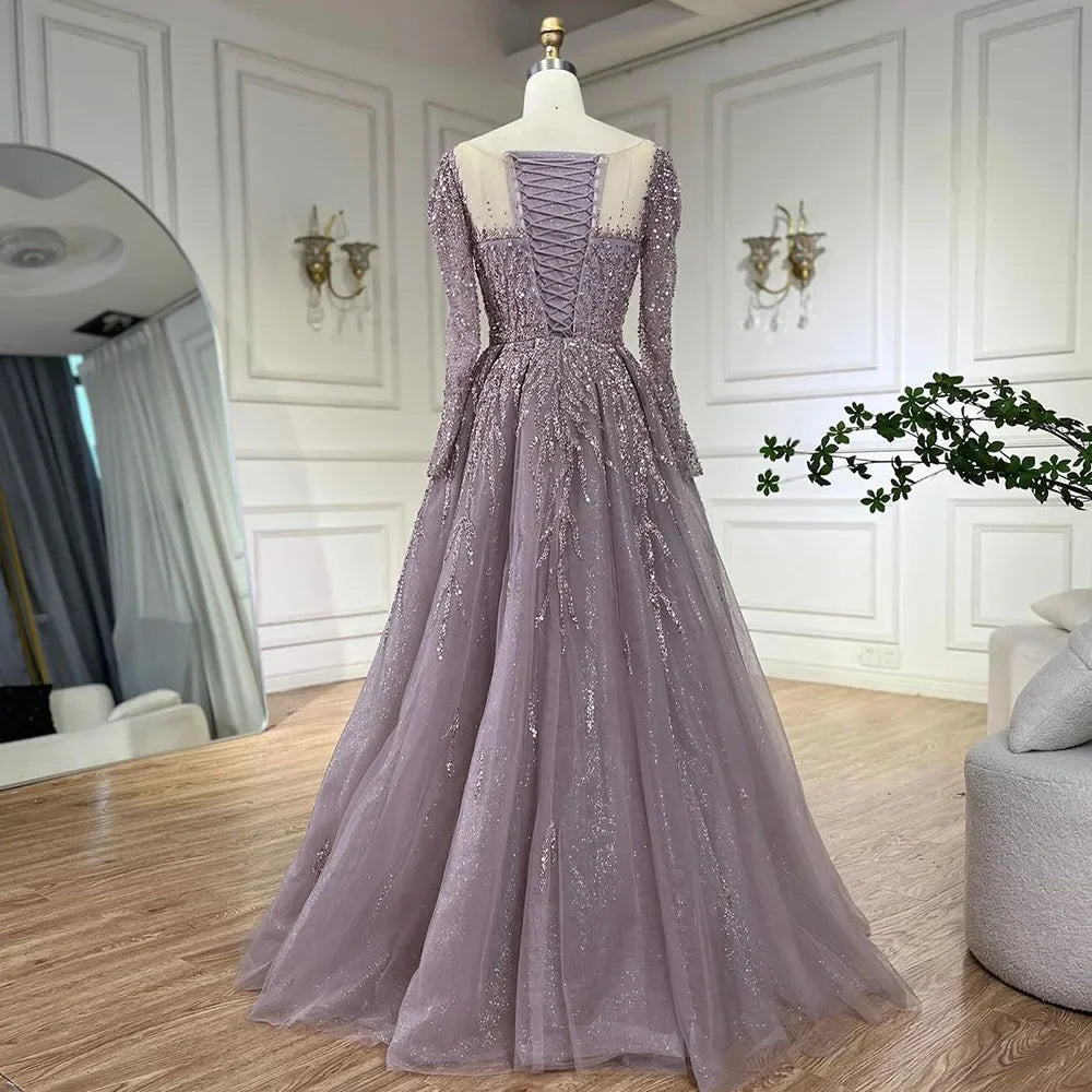 Pink Long Sleeves A Line Beaded Dubai Evening Wedding Party Dress 2025