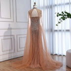 Vestido de Noite de Sereia em Nude de Luxo com Mangas de Capa LA73118