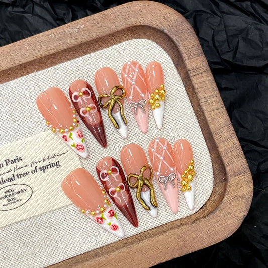 10 uñas postizas retro con lazo, color rosa brillante, largas, de aguja, blancas, estilo francés, hechas a mano, con diseño de flores de primavera. 