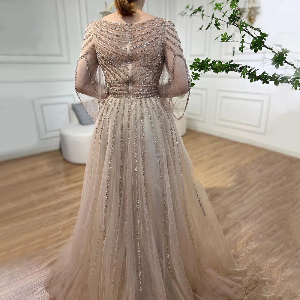 Serene Hill Customized Navy Long Sleeve Beaded Arabic Evening Dress