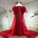 Custom Mermaid Evening Dress Pearl Beaded Strapless Wedding Cape Gown