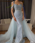 Serene Hill Gold Mermaid Elegant One Shoulder Overskirt Beaded Luxury Evening Dresses Gowns 2025 For Women Wedding Party LA72453