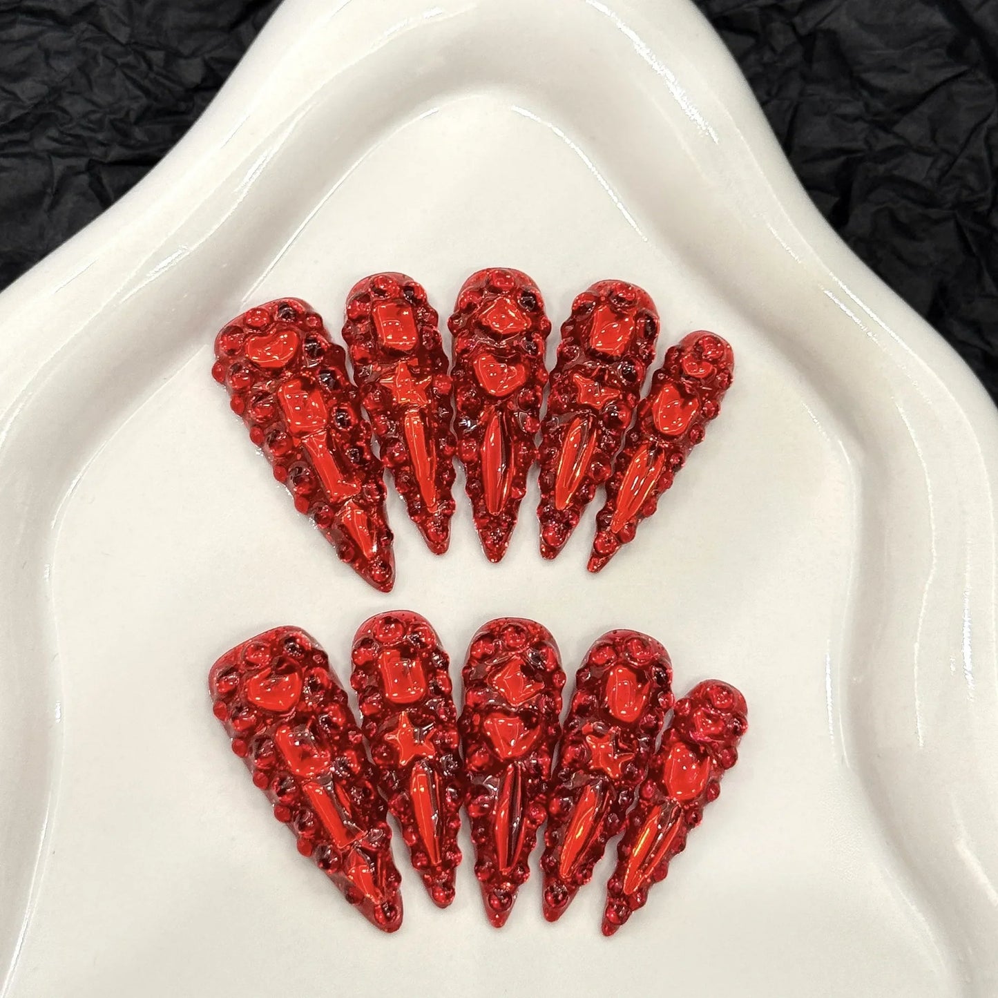 10 uñas postizas de lujo con brillantes y diamantes de imitación, hechas a mano, color rojo, largas, de cobertura completa, estilo Y2k, para verano. 