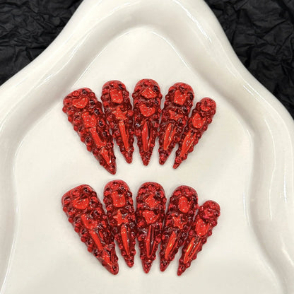 10 uñas postizas de lujo con brillantes y diamantes de imitación, hechas a mano, color rojo, largas, de cobertura completa, estilo Y2k, para verano. 