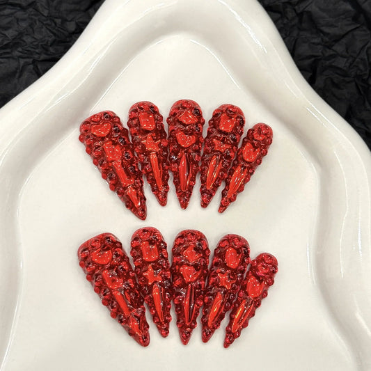 10 uñas postizas de lujo con brillantes y diamantes de imitación, hechas a mano, color rojo, largas, de cobertura completa, estilo Y2k, para verano. 