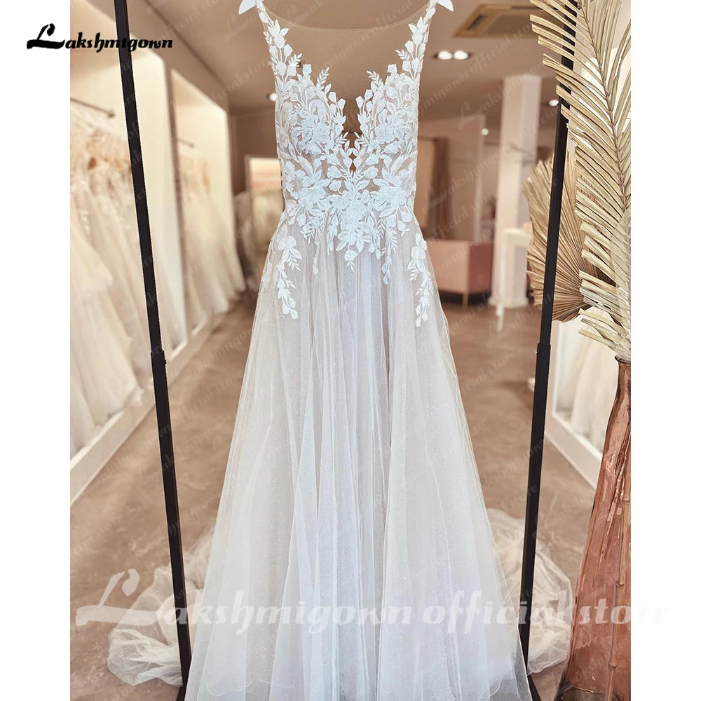 Lakshmigown Custom Illusion Backless Sleeveless Appliques Wedding Dress Bride