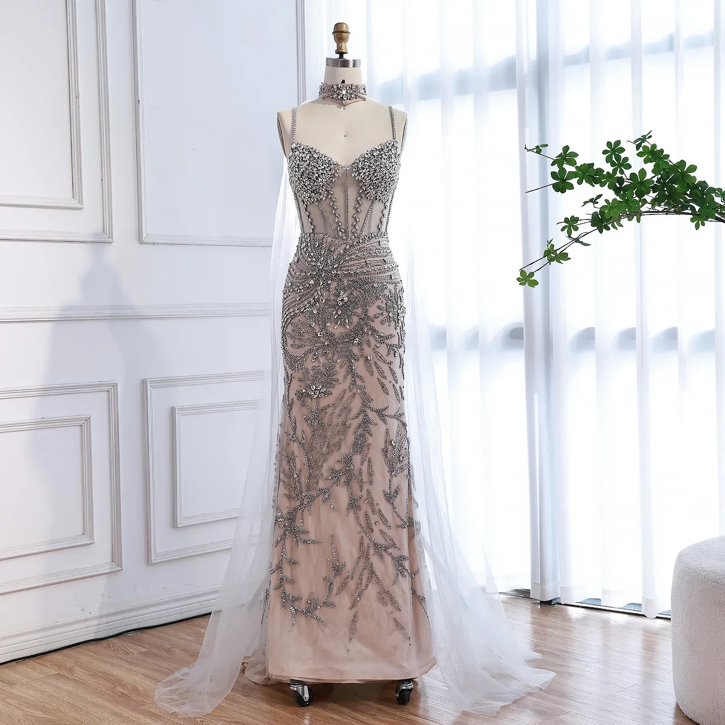 Custom Silver Beaded Mermaid Evening Dress With Cape Wedding Gown