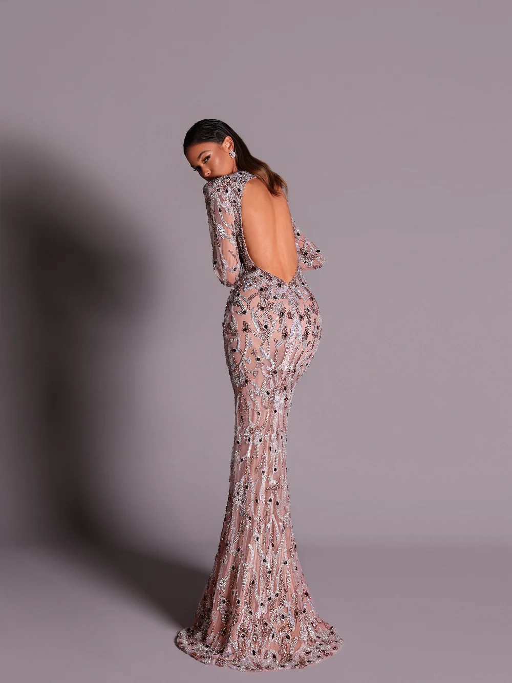 Sexy Open Back Beaded Evening Gown Delicate High Neck Long Sleeved Mermaid Chic Cocktail Dress With Luxe Beadwork Customized