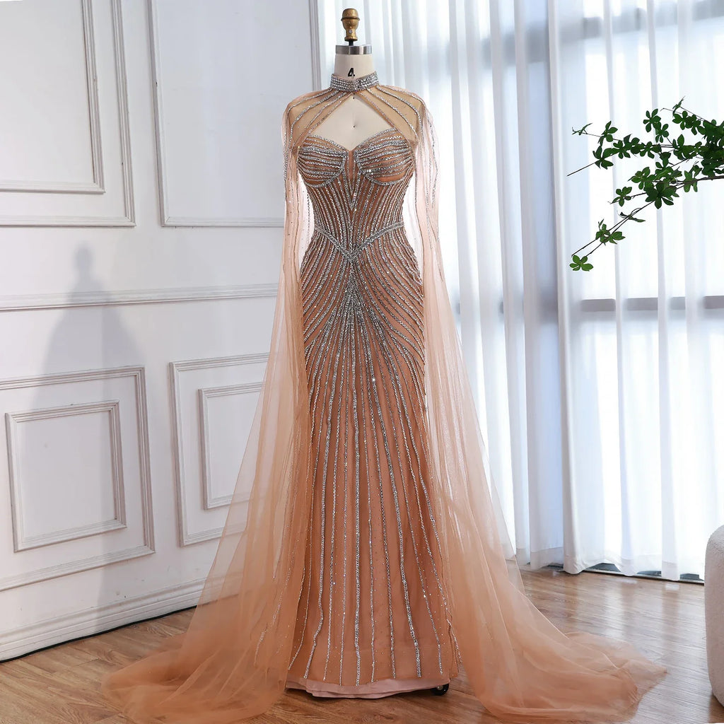 Vestido de Noite de Sereia em Nude de Luxo com Mangas de Capa LA73118