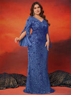 BLUEPLUM Plus Size Luxury Blue Evening Dresses Women 2025 Long Sleeve Mermaid Formal Sequins Prom Wedding Party Cocktail Gowns
