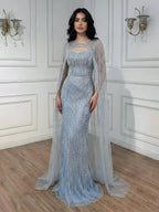 Luxury Blue Diamond Evening Dress With Cape LA73426