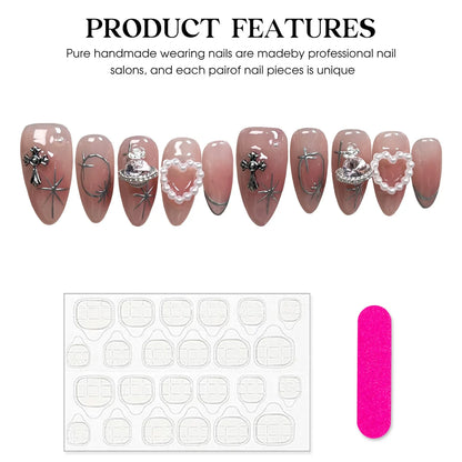 10pcs Blush Pink Fake Nail Patches Handmade Pearl Love Heart Press On Nails Planet Cross Designs Detachable Almond