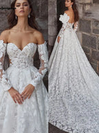 Luxury Customized Ivory Lace A Line Bridal Gown With Sleeves