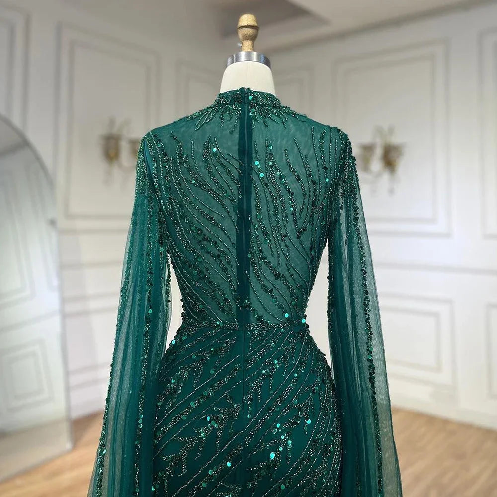 Customized Caramel Mermaid Evening Dress With Beaded Cape Sleeves For Wedding