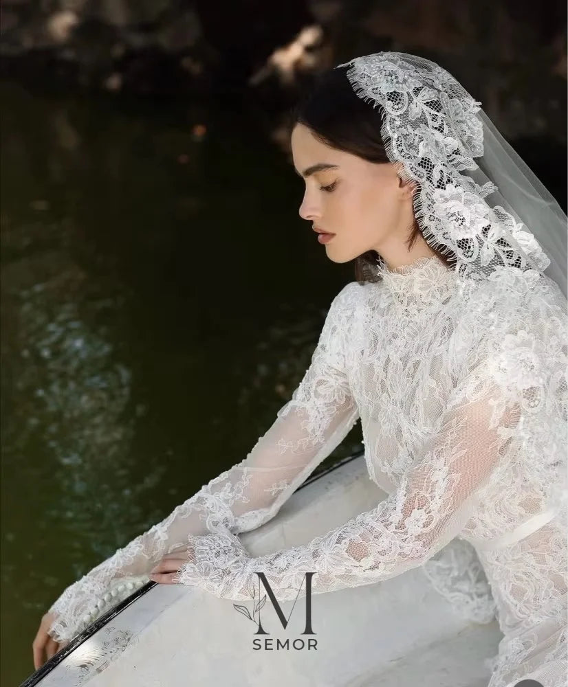 Custom Lace High Neck Long Sleeve Wedding Dress With Applique And Sweep Train