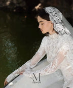Custom Lace High Neck Long Sleeve Wedding Dress With Applique And Sweep Train