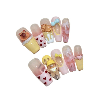 10 uñas postizas Kapibala hechas a mano, color rosa rubor, pintadas a mano, estilo francés, con lazos decorativos, uñas postizas para usar. 