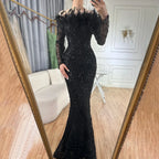 Luxury Dubai Green Long Sleeves Feathers Beaded Evening Dress LA72553