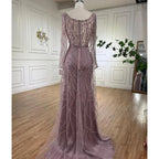 Serene Hill Pink Mermaid Long Sleeve Beaded Two Piece Evening Party Gown
