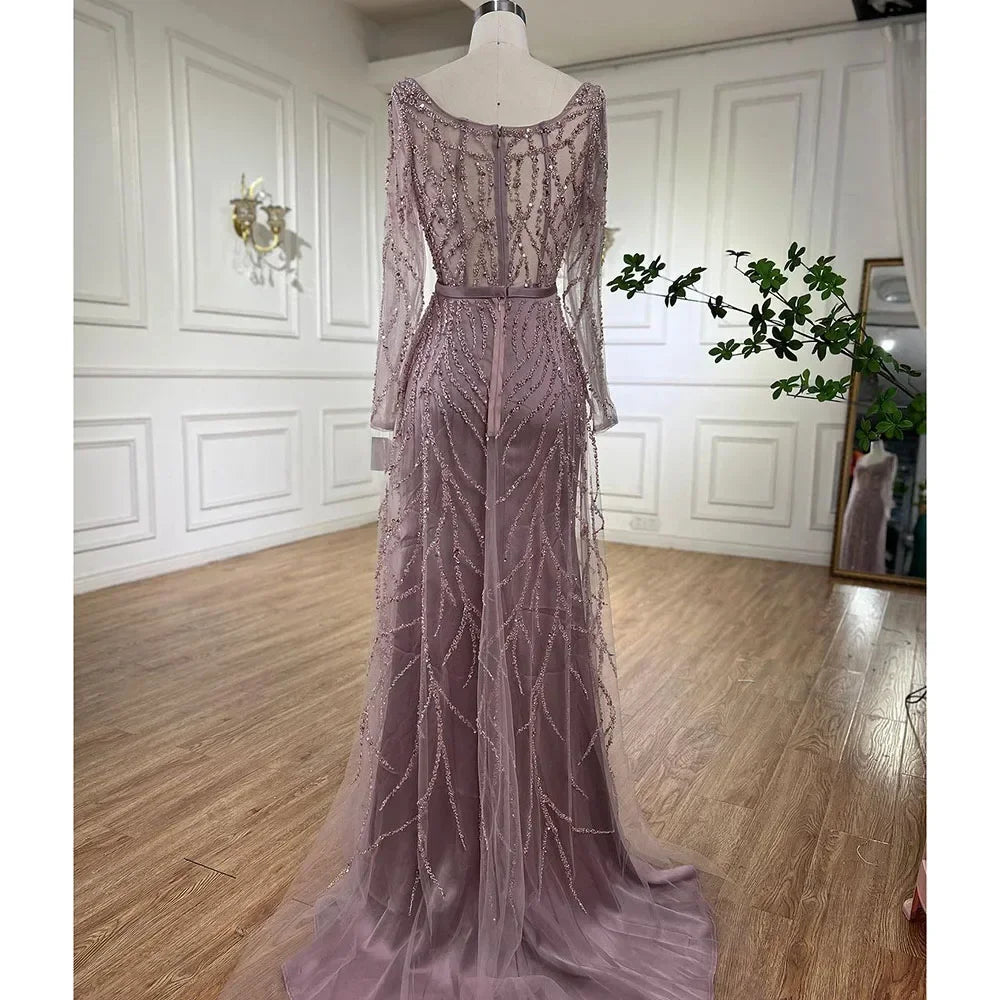 Serene Hill Pink Mermaid Long Sleeve Beaded Two Piece Evening Party Gown