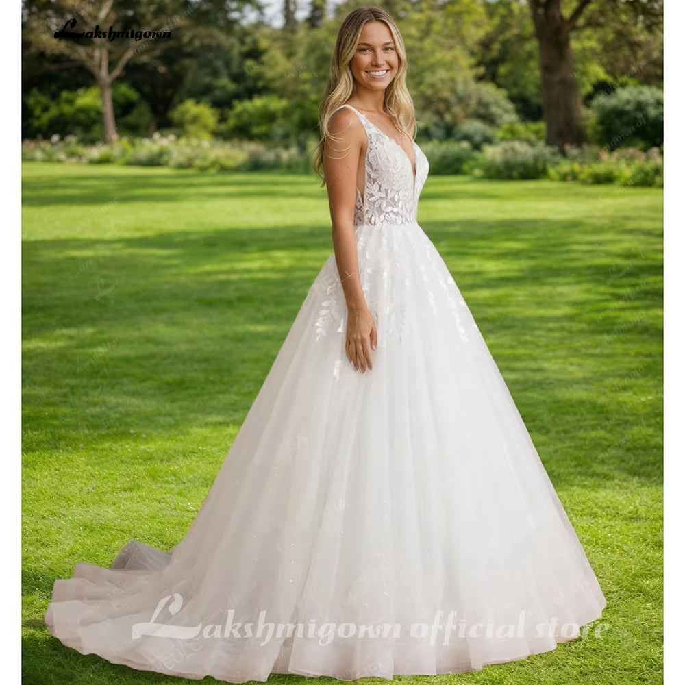 Lakshmigown Custom Beaded V Neck Wedding Dress With Tassel And Lace Up Back