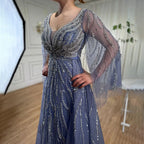 Custom Blue A Line Beaded Formal Evening Dress Arabian Wedding Gown For Women