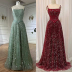 Luxury Sage Green Beaded A-Line Spaghetti Strap Evening Dress LA72805