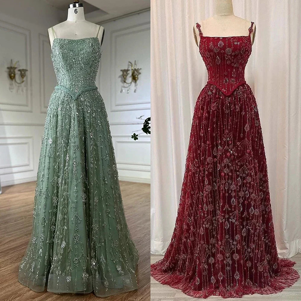 Luxury Sage Green Beaded A-Line Spaghetti Strap Evening Dress LA72805