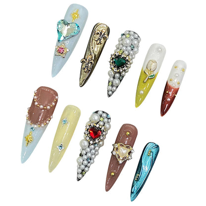 10 uñas postizas francesas hechas a mano con diseño de flores de tulipán, perla, corazón y diamante, uñas postizas de lujo para mujer. 