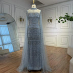 Blue Beaded Evening Dress With Cape Sleeves Custom Formal Gown For Women