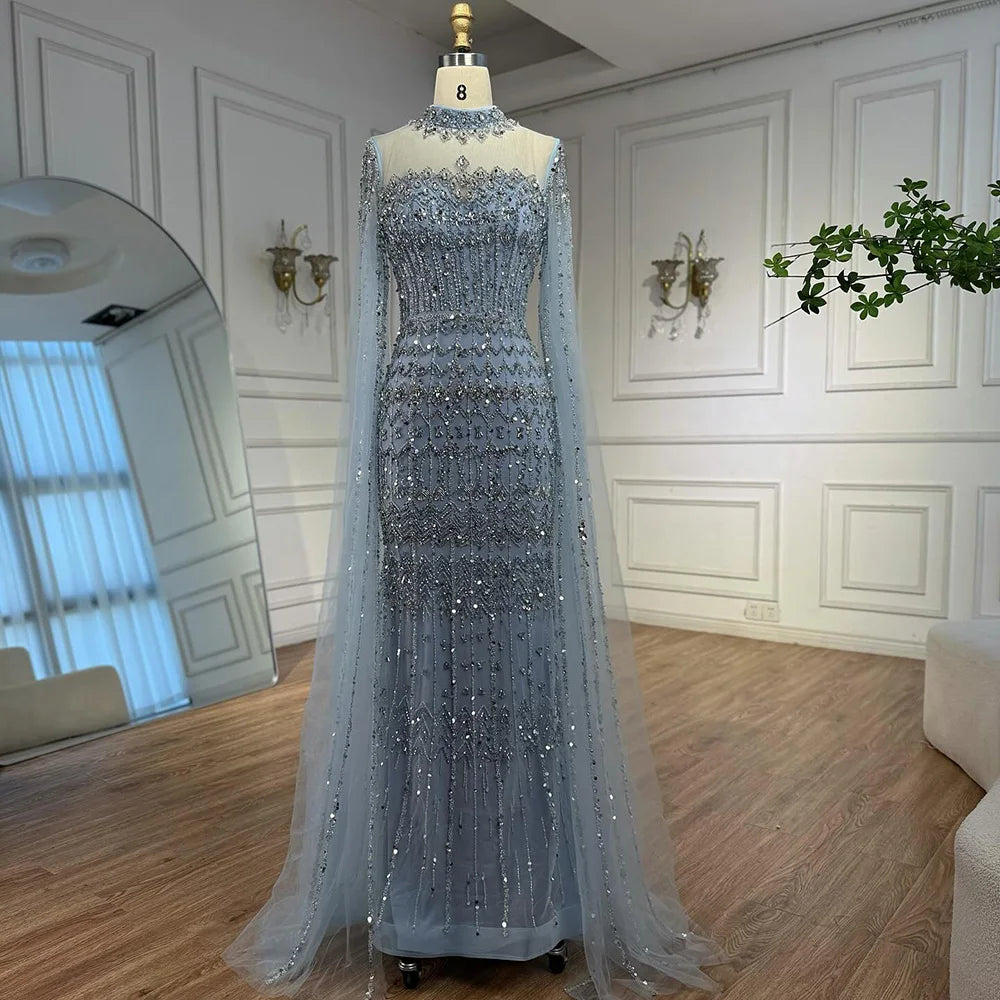 Blue Beaded Evening Dress With Cape Sleeves Custom Formal Gown For Women
