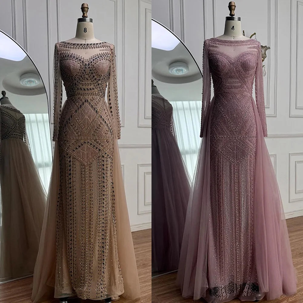 Pink Long Sleeve Mermaid Beaded Customized Evening Dress For Women