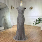 Custom Gray Beaded Mermaid Luxury Evening Gown With Cap Sleeves